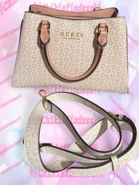 GUESS Cream Logo Satchel with Pink Trim and Detachable Strap